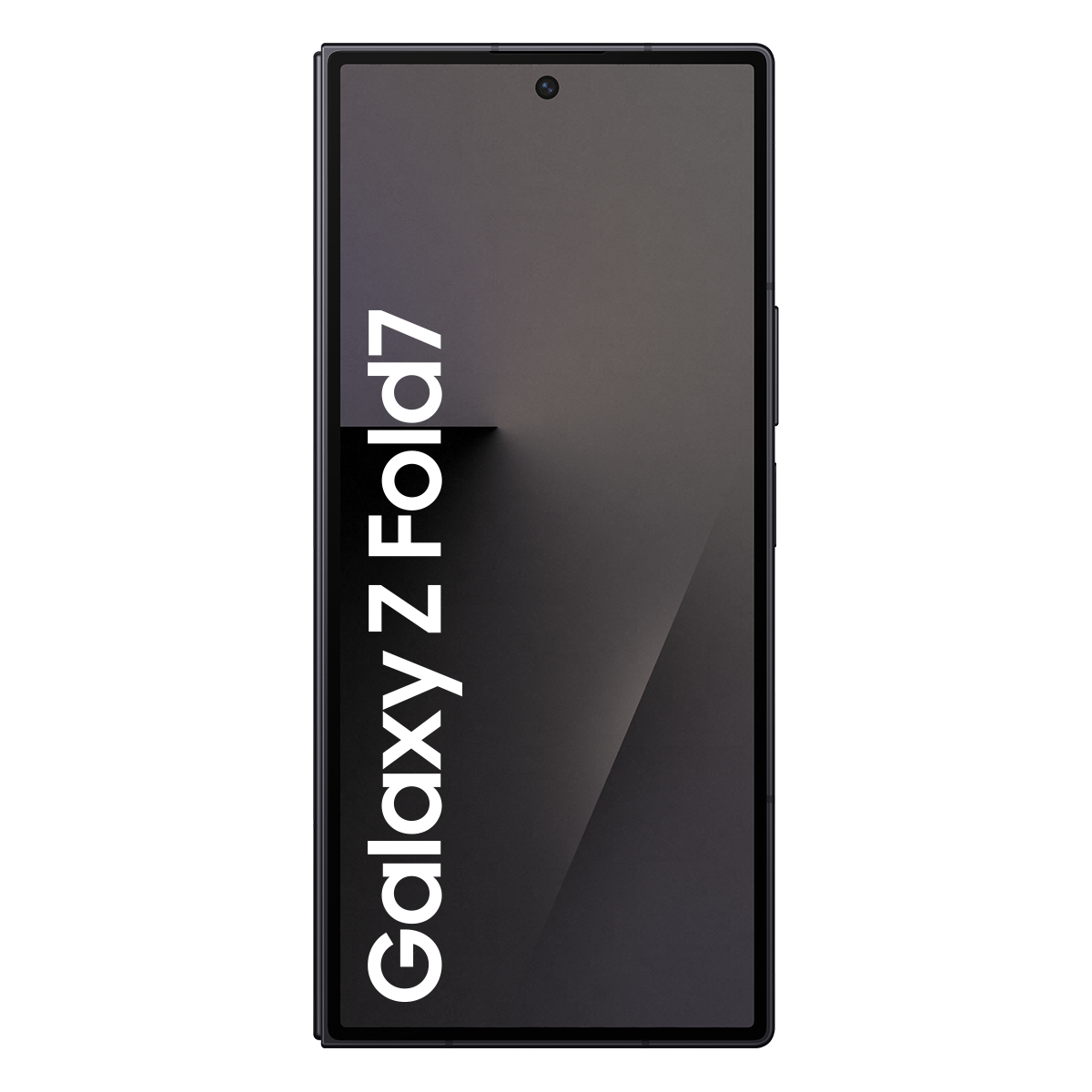 Siyah bir Samsung Galaxy Z Fold7 telefonu görüntüleniyor. Ekran, beyaz 'Galaxy Z Fold7' sözcükleriyle bir gradyan gösteriyor.