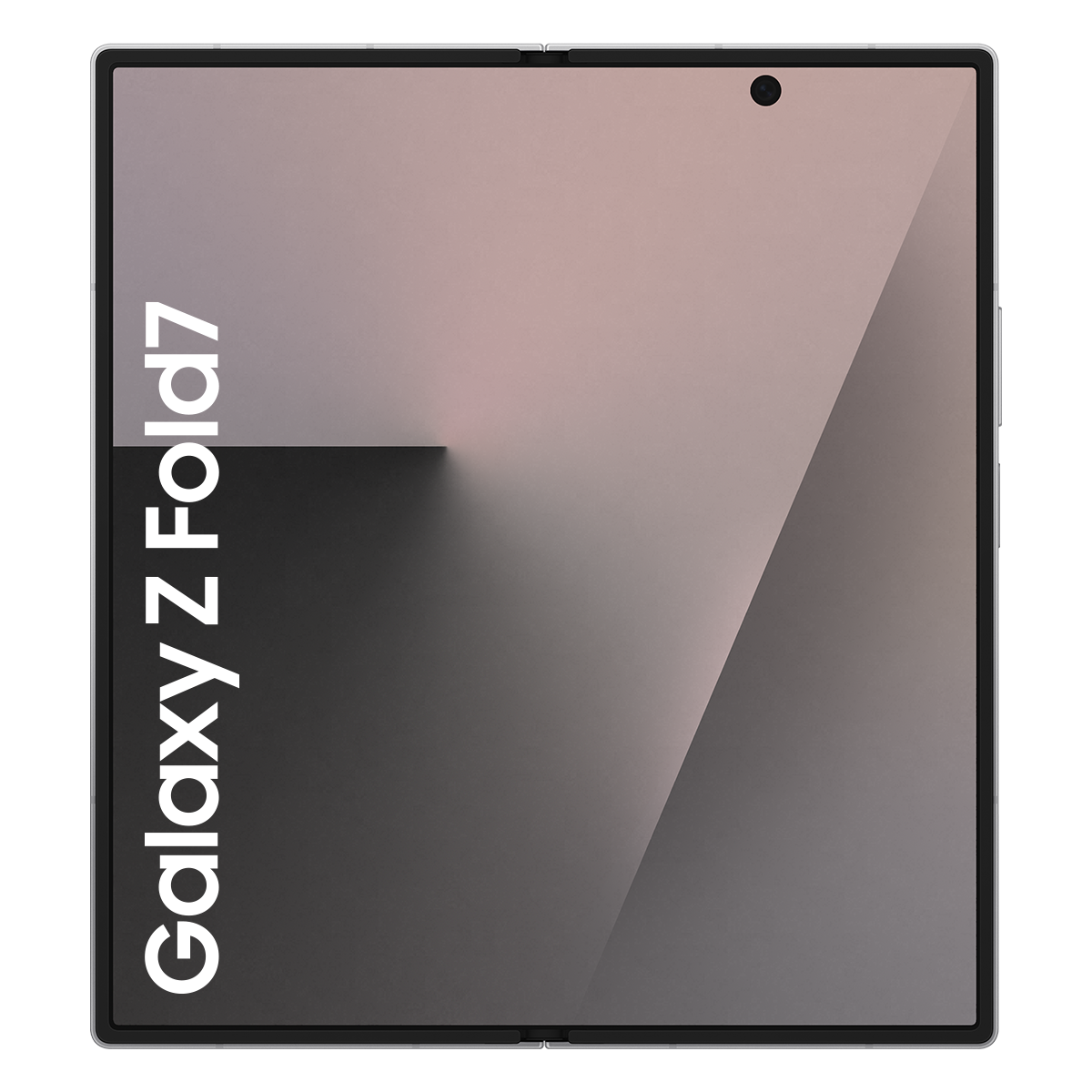 Galaxy Z Fold7 katlanmış, siyah kamera noktası ile. Ekran gradyan: açık pembeden koyu griye.