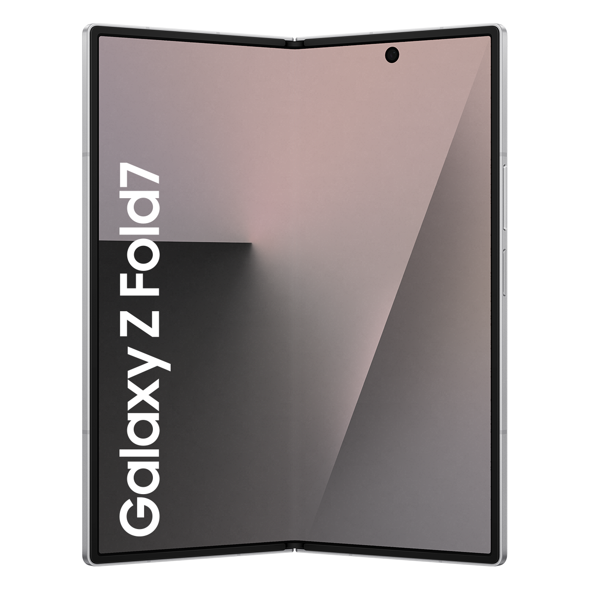 Gümüş renkli bir Samsung Galaxy Z Fold7 telefonu açık. Ekran gri ve pembe bir geçiş gösteriyor. Telefon beyaz bir zemin üzerinde.