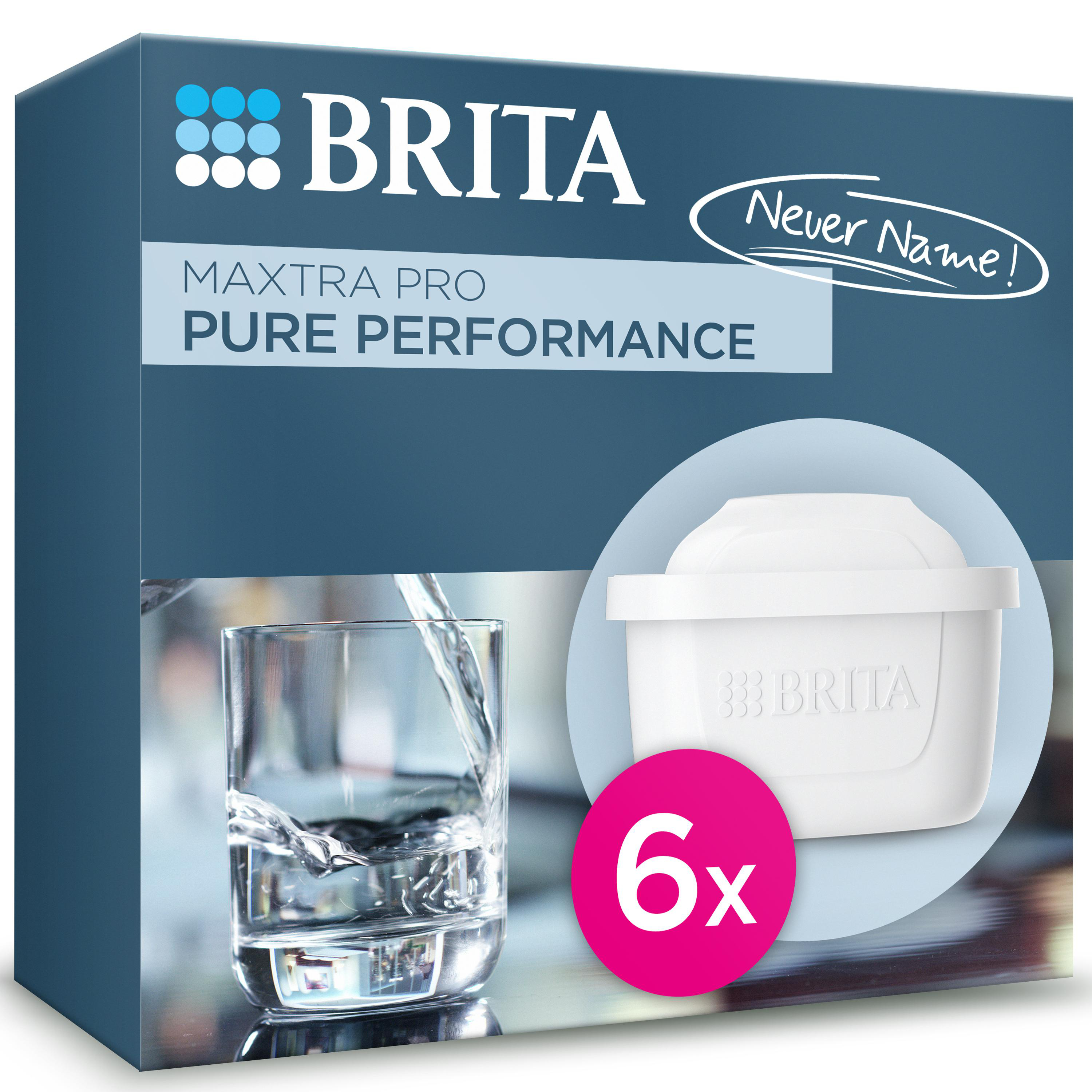 Brita Maxtra Pro Box. Enthält einen weißen Filter und ein Glas, in das Wasser gegossen wird. Auf der Box steht '6x'.