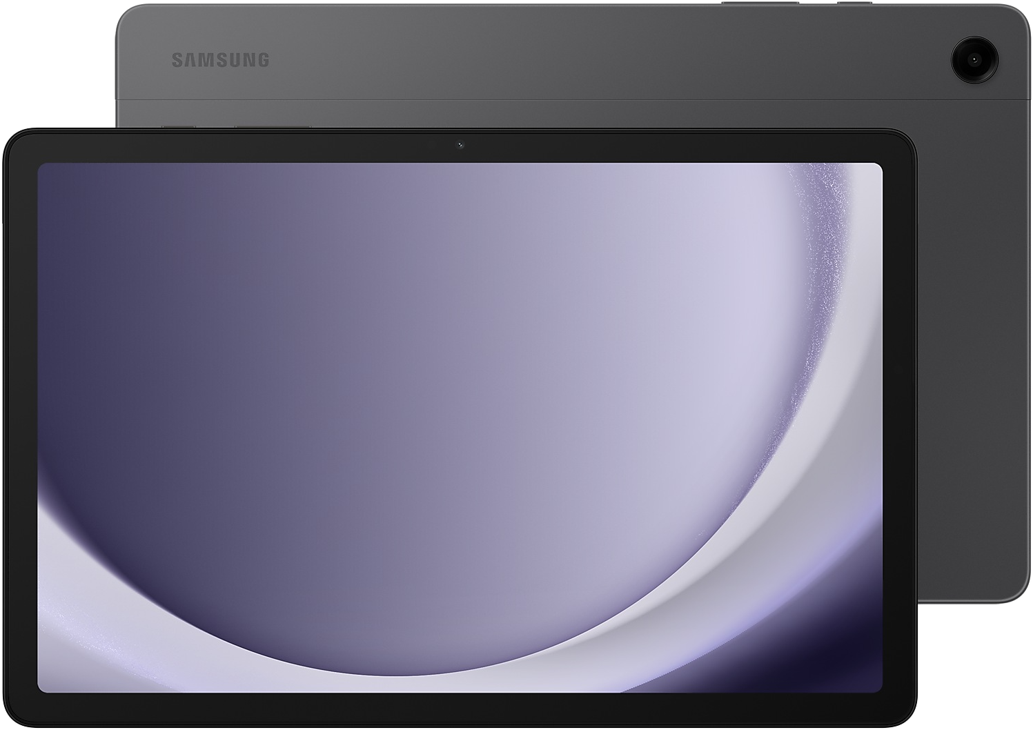 Egy sötétszürke Samsung tablet látható, a képernyőn lila és fehér ívelt dizájnnal. Egy másik tablet van mögötte.