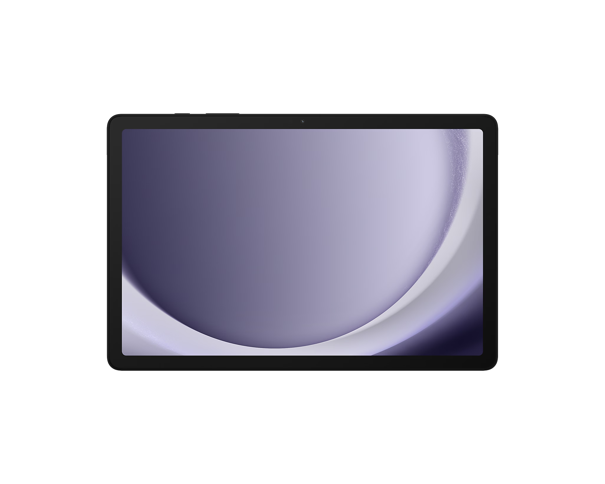 Fekete tablet lila színátmenetes kijelzővel, ívelt fehér akcentussal. A háttér fehér.