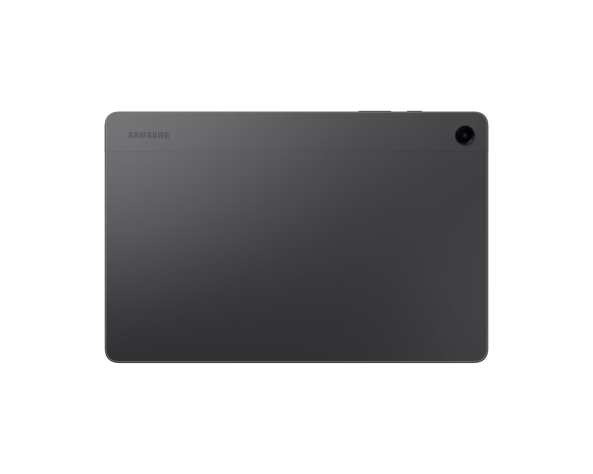 Egy sötétszürke Samsung tablet fehér háttéren. A tablet kamerával és Samsung logóval rendelkezik.