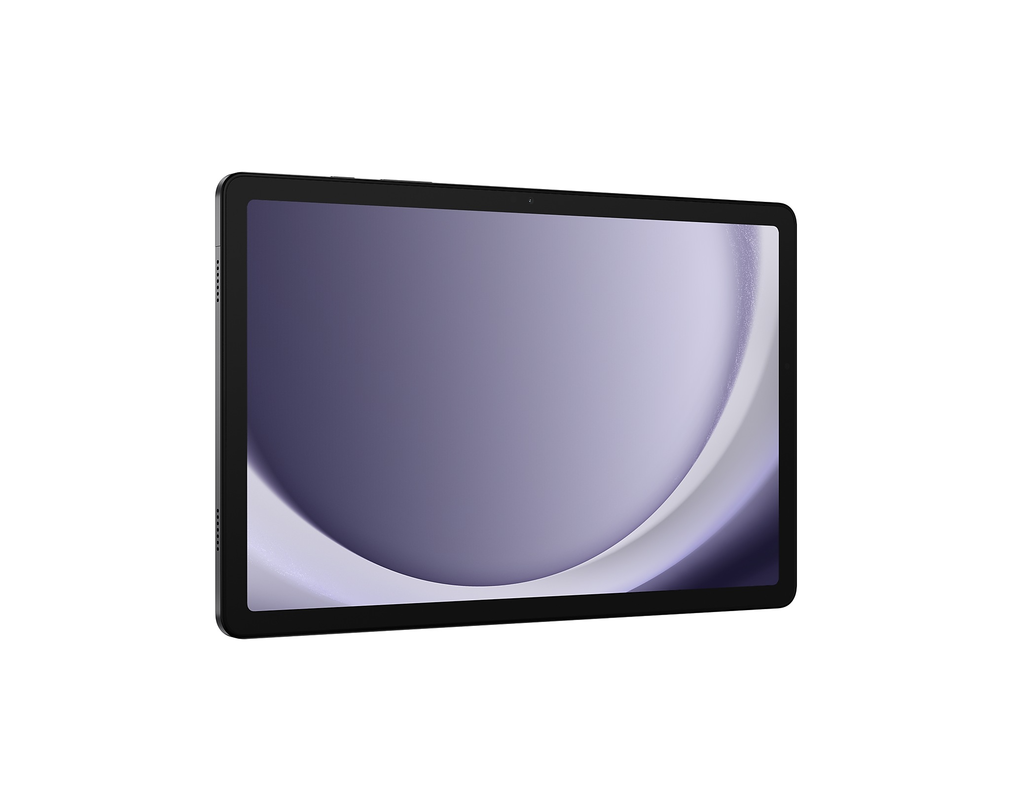 Egy tablet fekete kerettel és képernyővel, amely lila és fehér ívelt dizájnt jelenít meg, fehér háttér előtt.