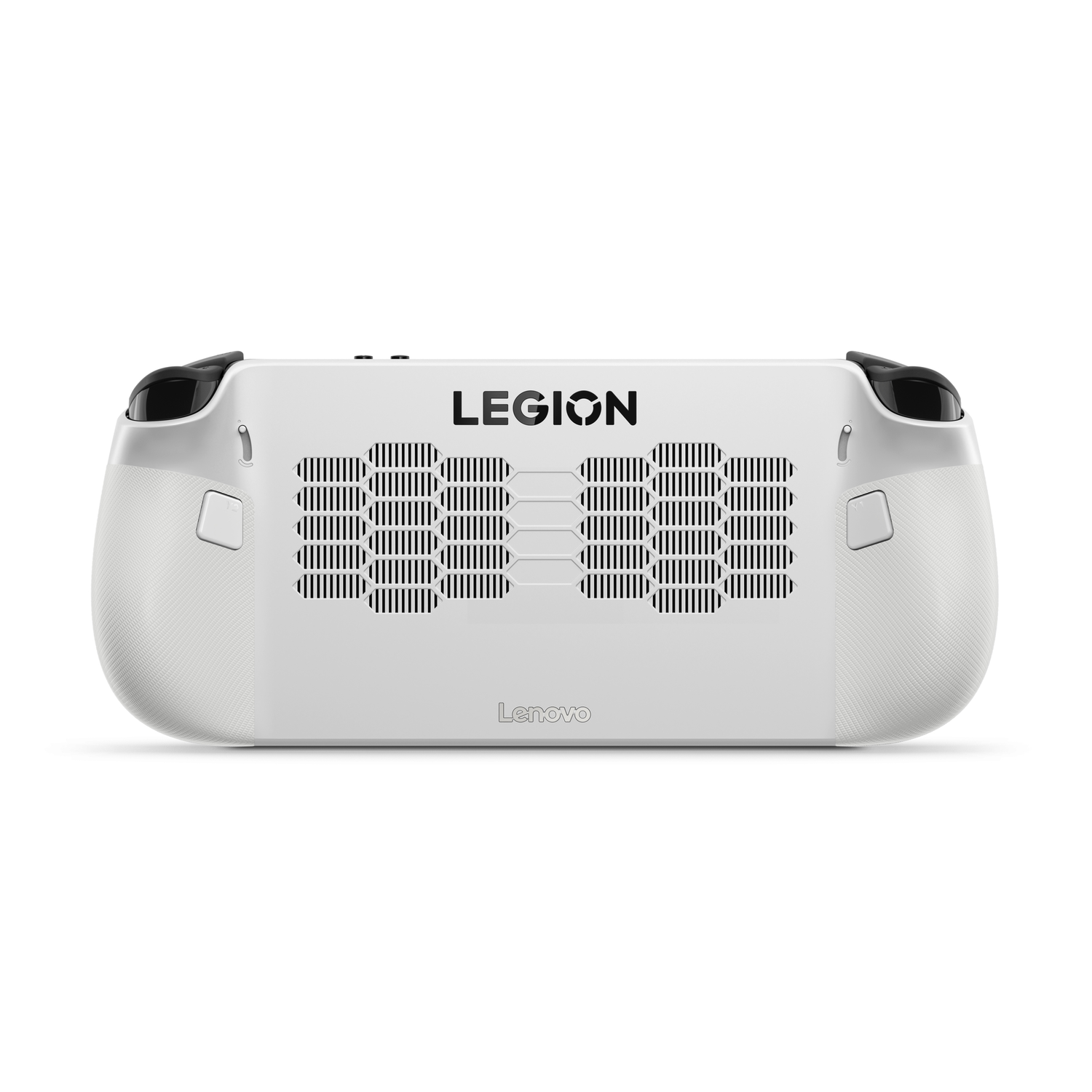 White Lenovo Legion handheld gaming device. It has black accents and vents. The word LEGION is printed on it.