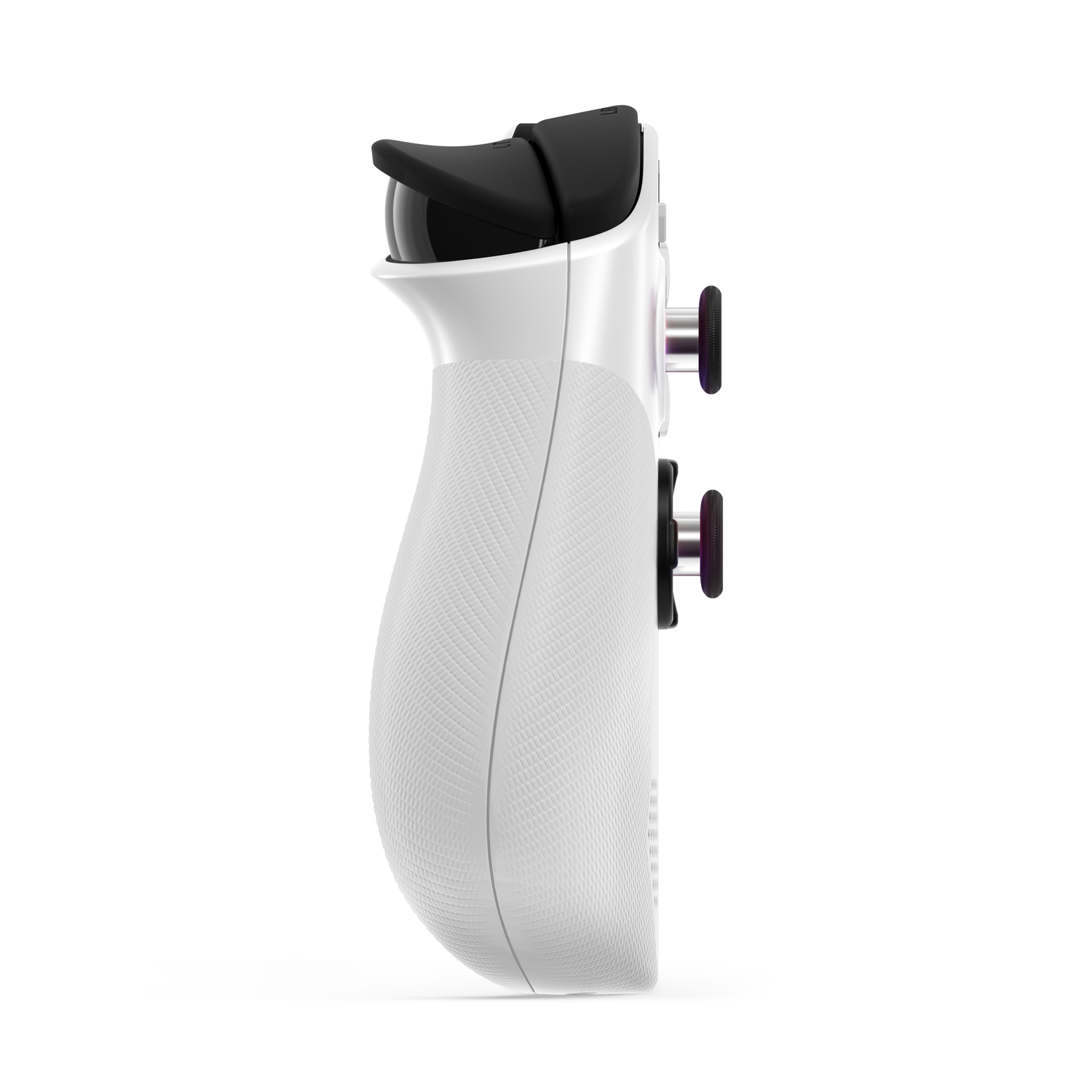 White game controller on a white background. The controller has black buttons and purple accents. Side view.