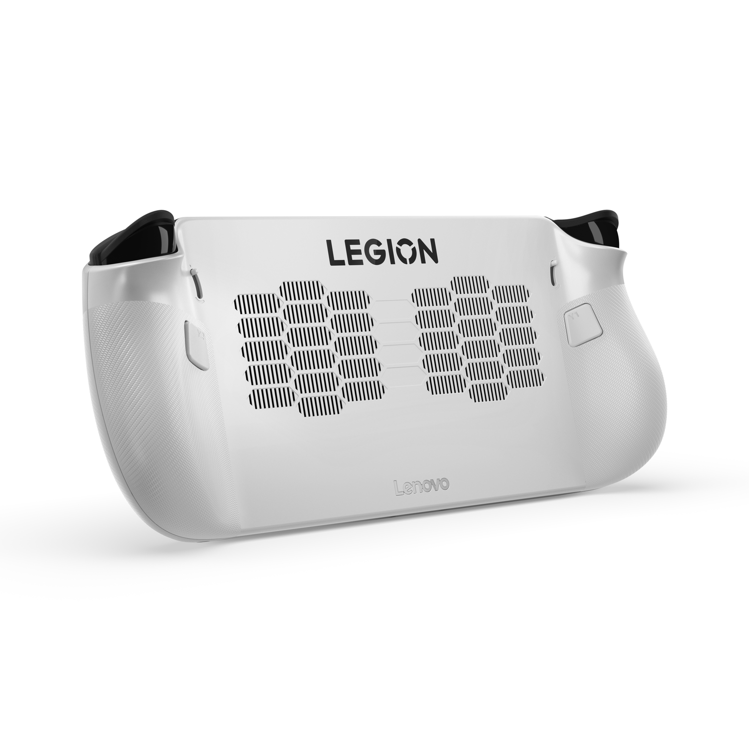 A white Lenovo Legion handheld gaming device. It has black accents, ventilation grills, and the Legion logo on the front.