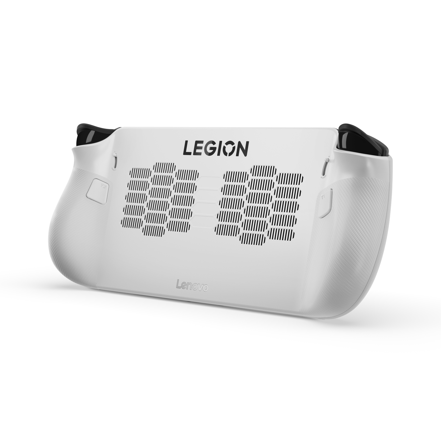 A white Lenovo Legion handheld game console. It has black accents, ventilation grills, and the Lenovo and Legion logos.