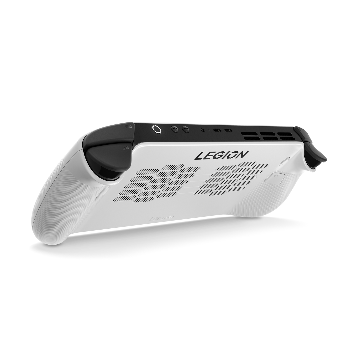 A white Legion handheld gaming device is displayed at an angle. It has black control buttons and a Legion logo.