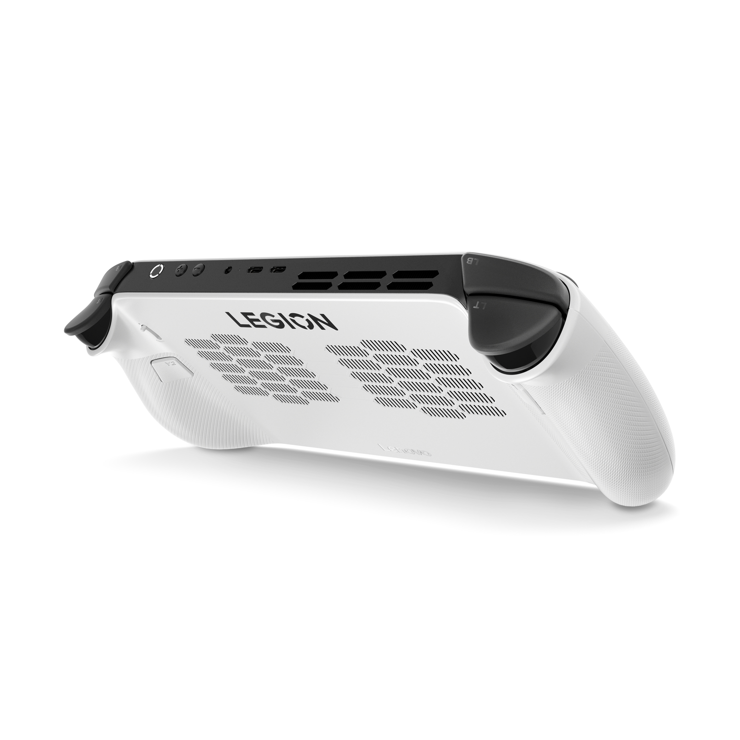 White Lenovo Legion handheld gaming device. Black accents on controls and vents. 'LEGION' is printed on the device.