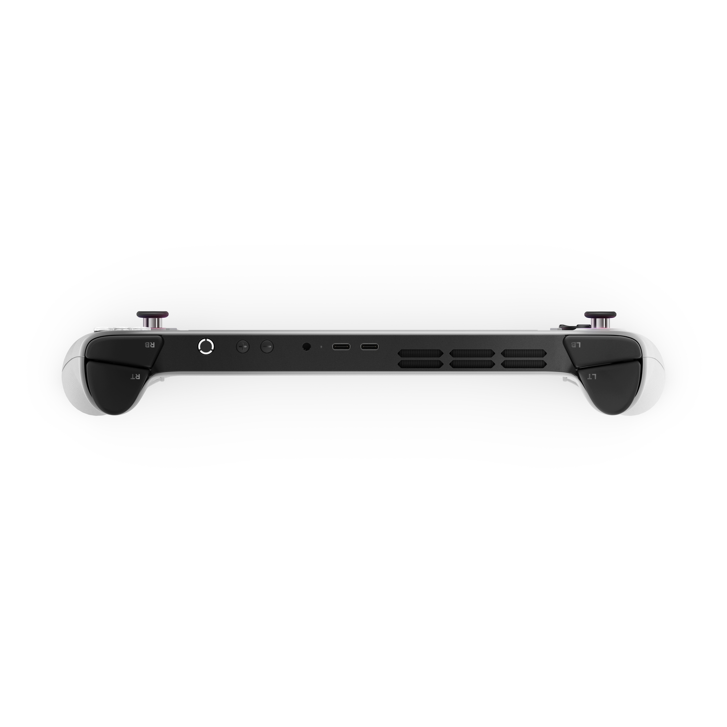 A handheld game console is shown, lying flat against a white background. It is black and white with purple accents.