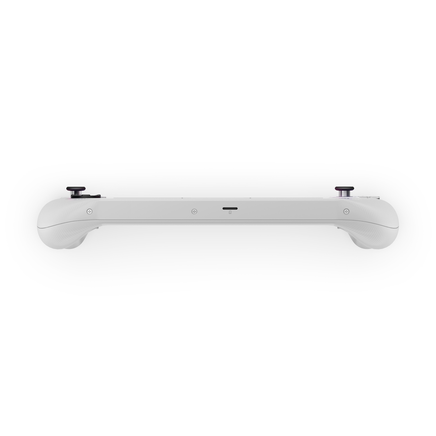 A white handheld game console, featuring a central body with curved handles and two black joysticks, set against a white backdrop.