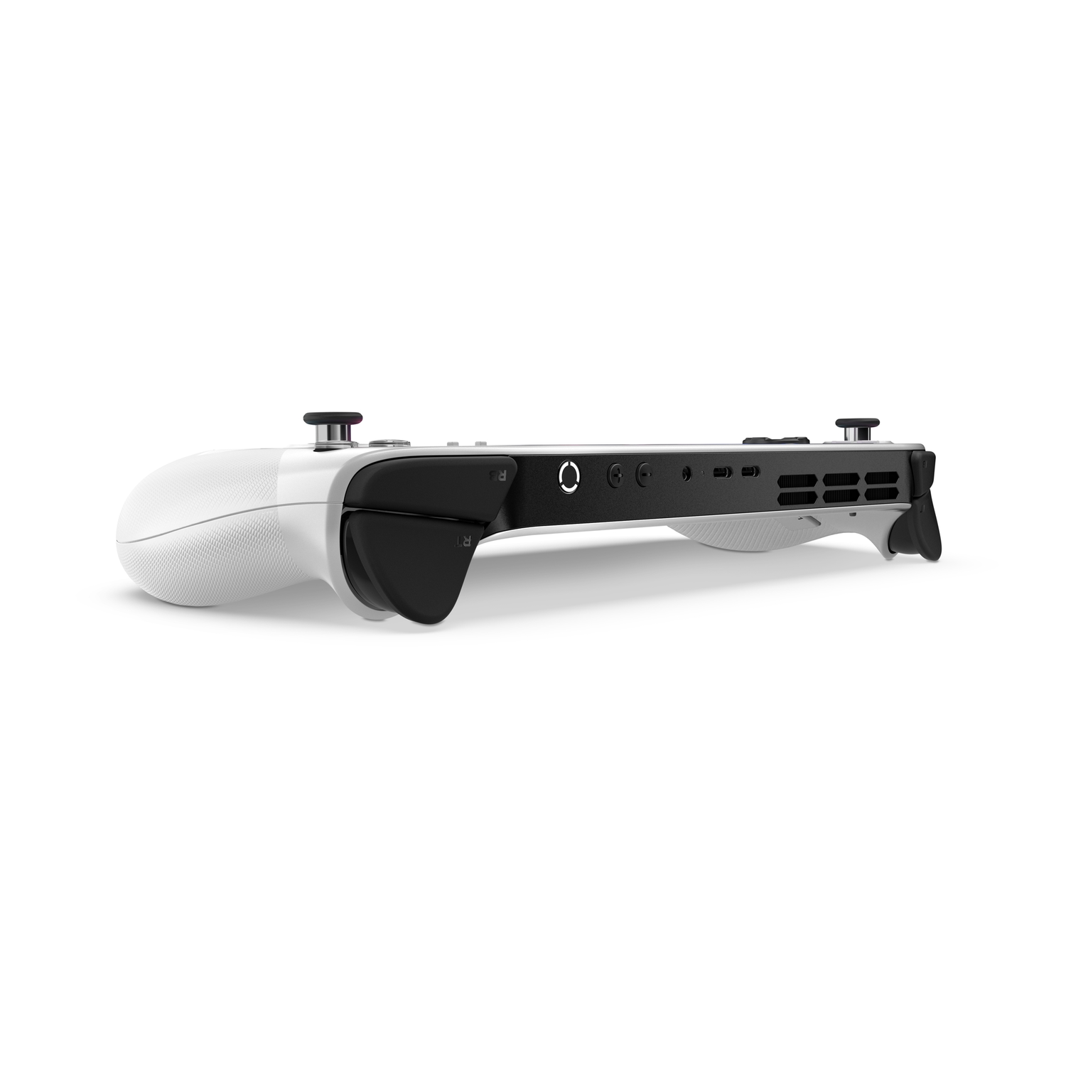 A white and black game controller is shown from the side. It has buttons, triggers, and a textured grip. The background is white.