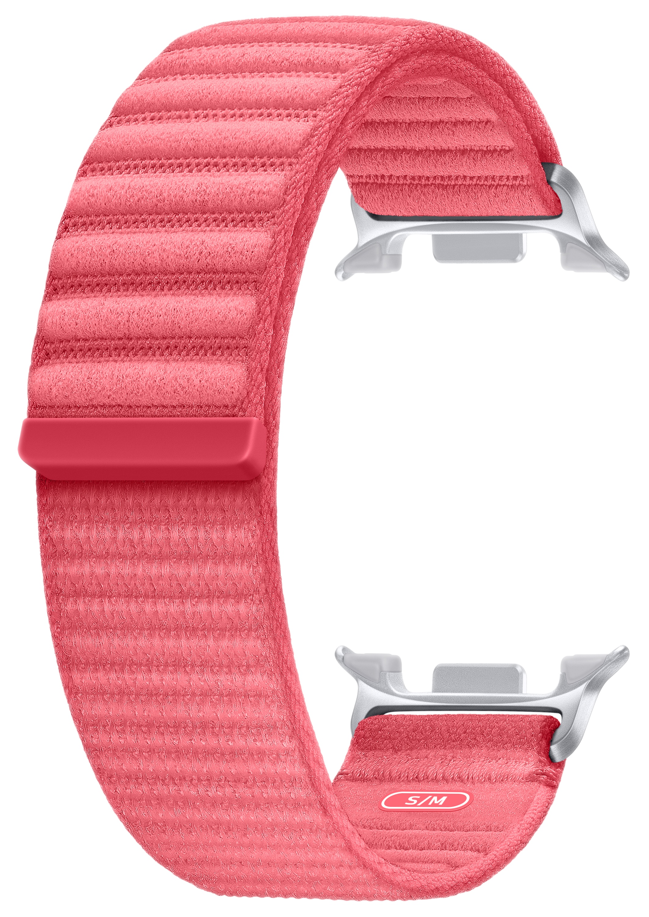 Różowy pasek do Apple Watch. Posiada teksturowany pasek i srebrne złącza. Pasek ma etykietę rozmiaru S/M.