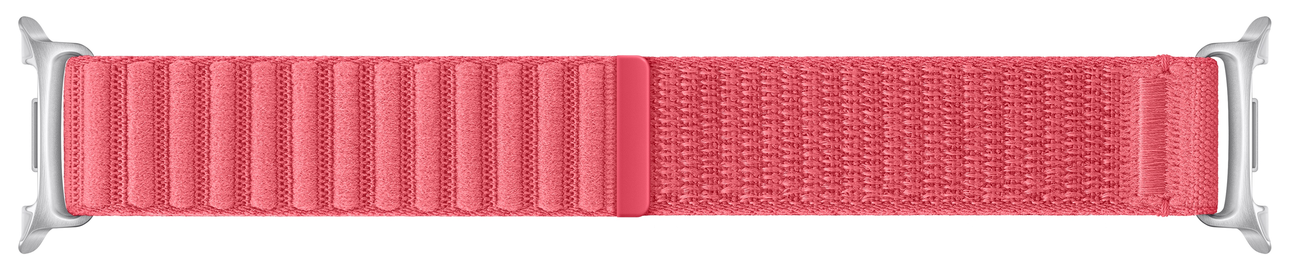 Koralowy pasek do Apple Watch. Ma teksturowaną tkaninę ze srebrnymi zapięciami na obu końcach.