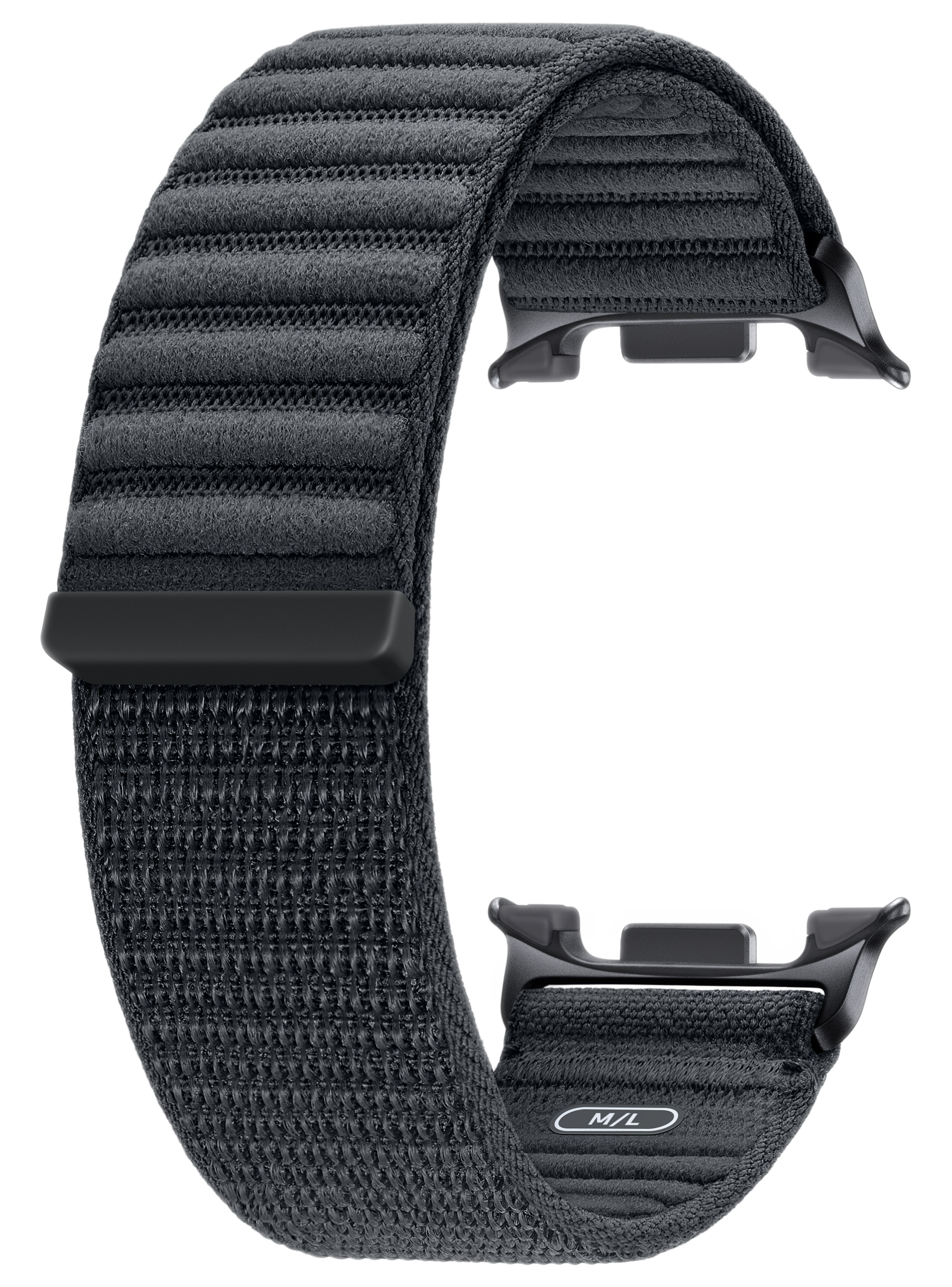 Czarny pasek do Apple Watch. Pasek wykonany jest z teksturowanego materiału. Złącza i zapięcie są czarne.