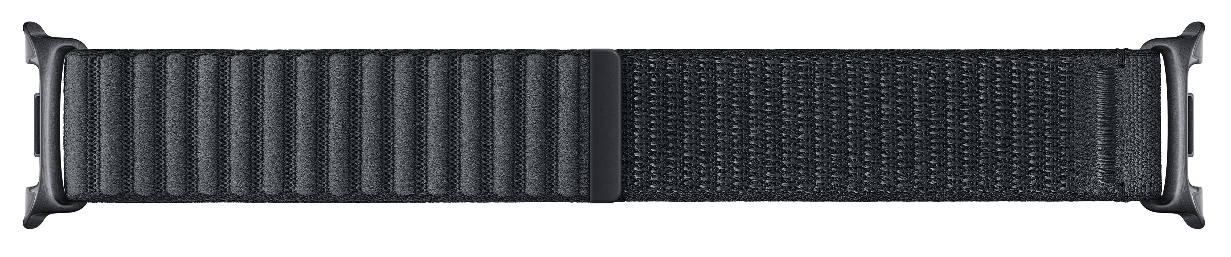 Widoczny jest ciemnoszary pasek do zegarka. Pasek jest wykonany z tkaniny i ma magnetyczne zapięcie. Końce są czarne.