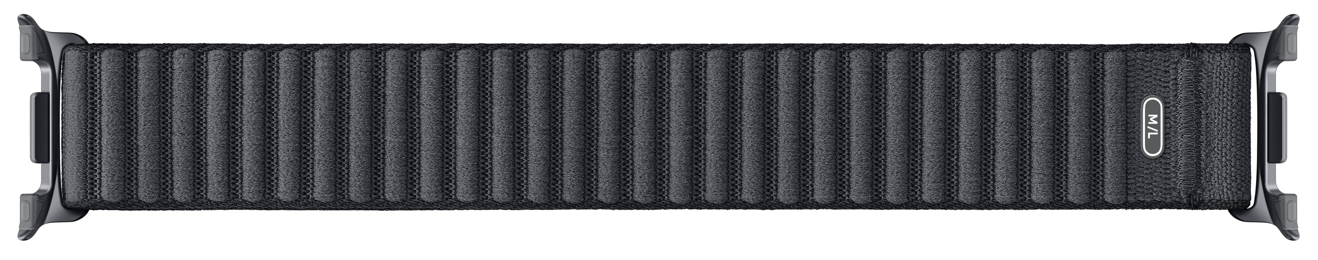 Czarny pasek do Apple Watch z żebrowanym wzorem. Ma czarne złącza i etykietę rozmiaru.