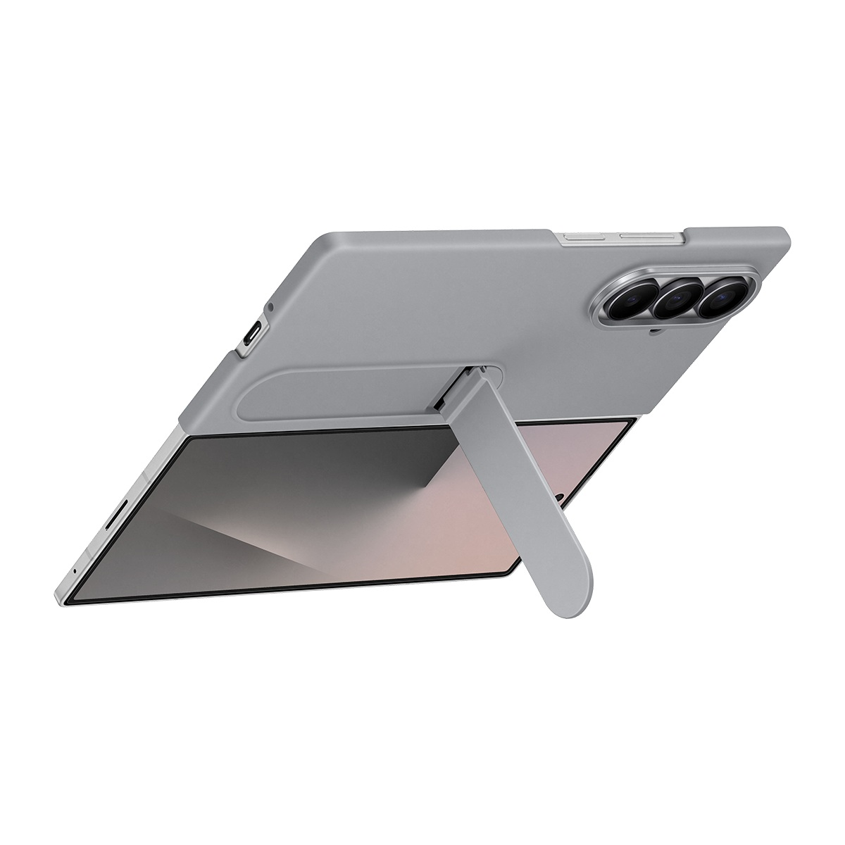 Gri bir tablet bir stand ile destekleniyor. Açılı, ekranı ve kameralı arka tarafı gösteriyor. Arka plan beyaz.
