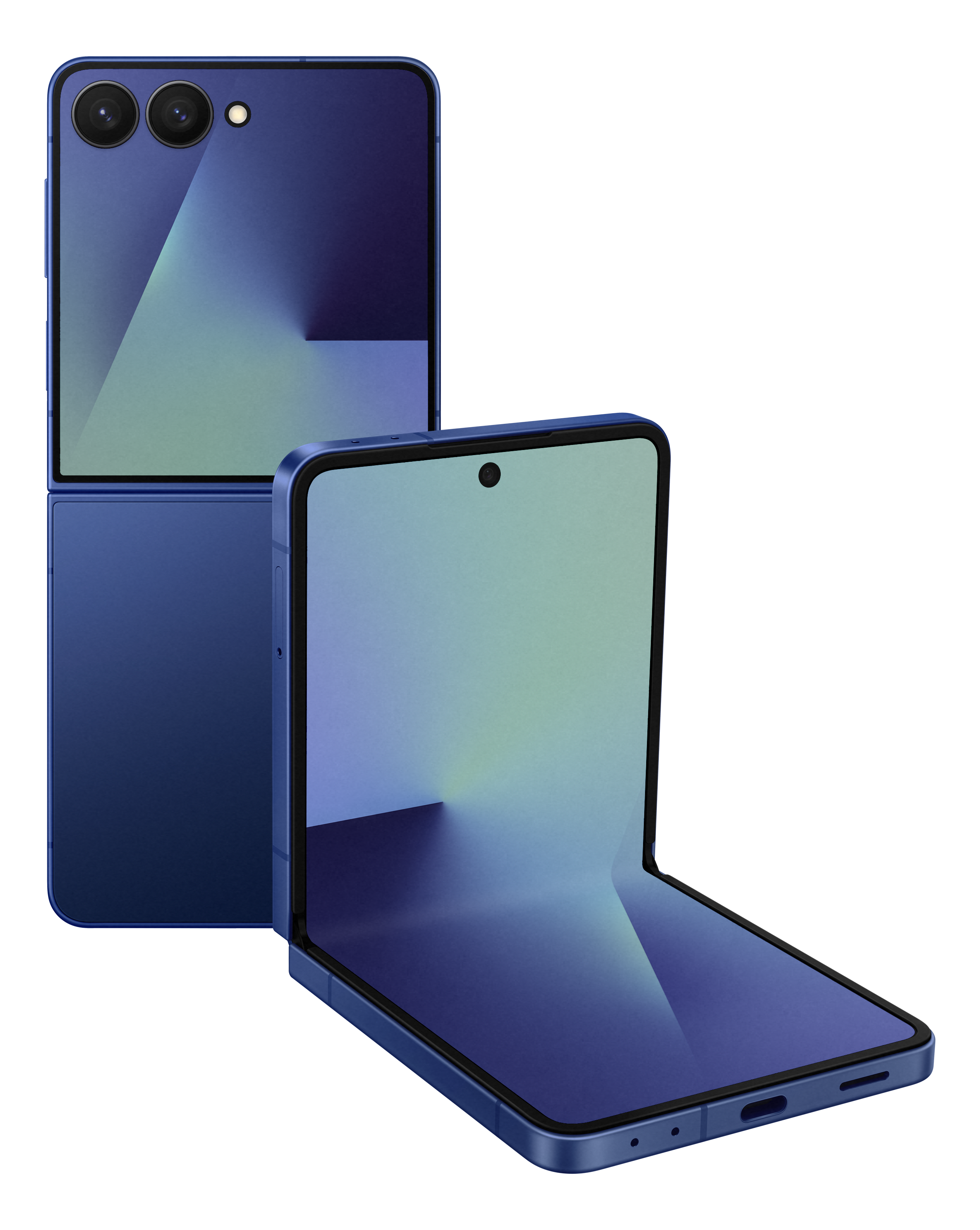 Smartphone pliable bleu, un ouvert, un fermé, sur fond noir. Affiche un écran dégradé.