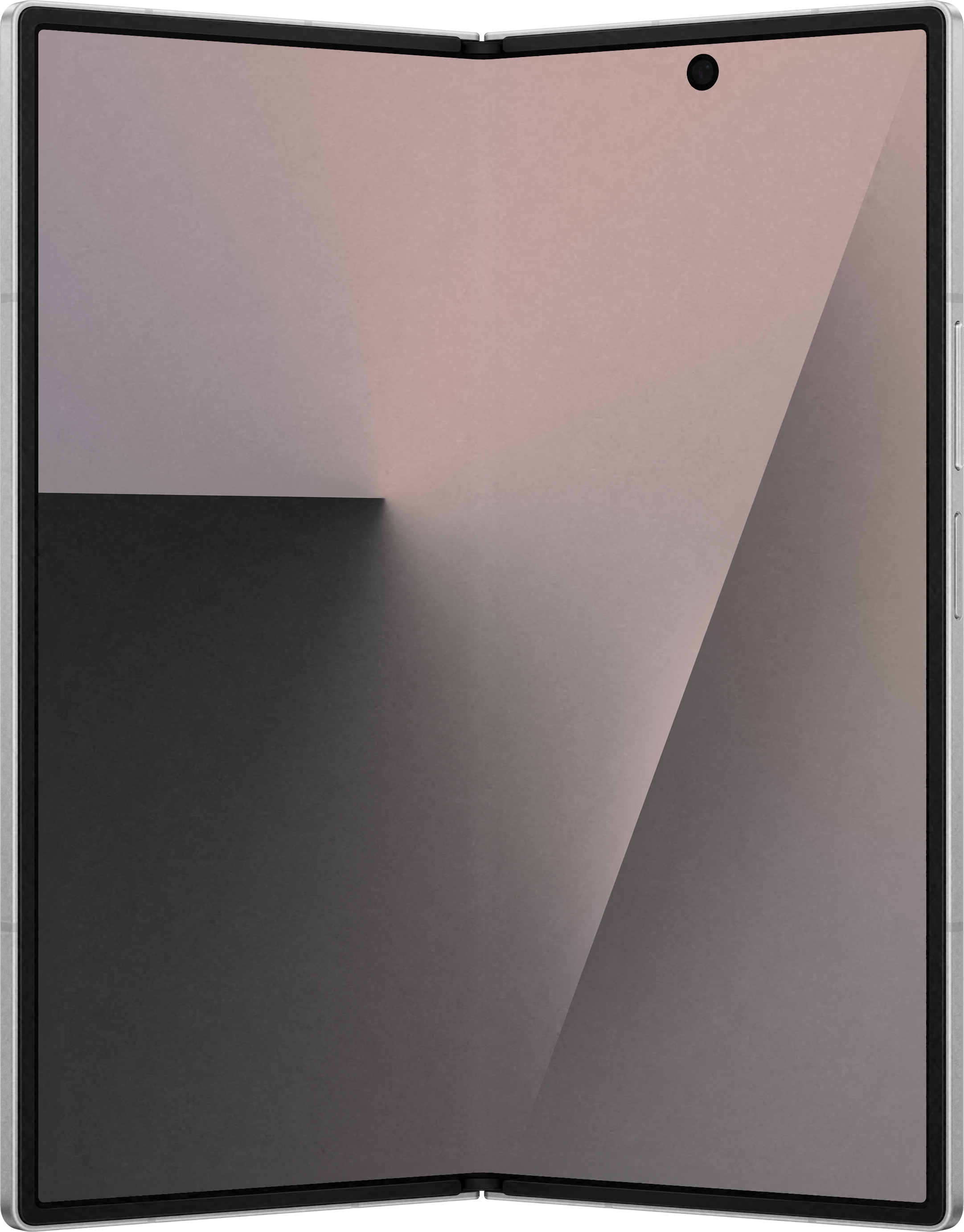 Ein zusammengeklapptes Telefon mit schwarzem Rahmen. Der Bildschirm ist in zwei Farben geteilt, hellrosa und dunkelgrau.