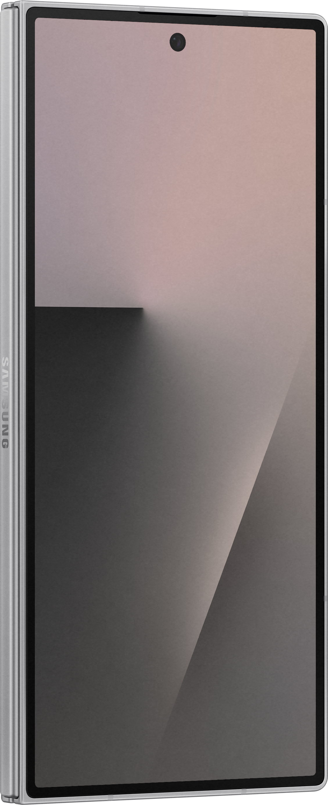 Ein silbernes faltbares Samsung-Handy. Der Bildschirm zeigt einen Farbverlauf von Hellrosa zu Dunkelgrau. Eine Kamera ist sichtbar.