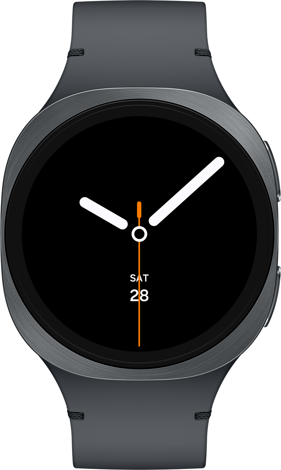 Smartwatch avec écran noir affichant des aiguilles blanches, des détails orange et la date. Bracelet gris sur fond sombre.