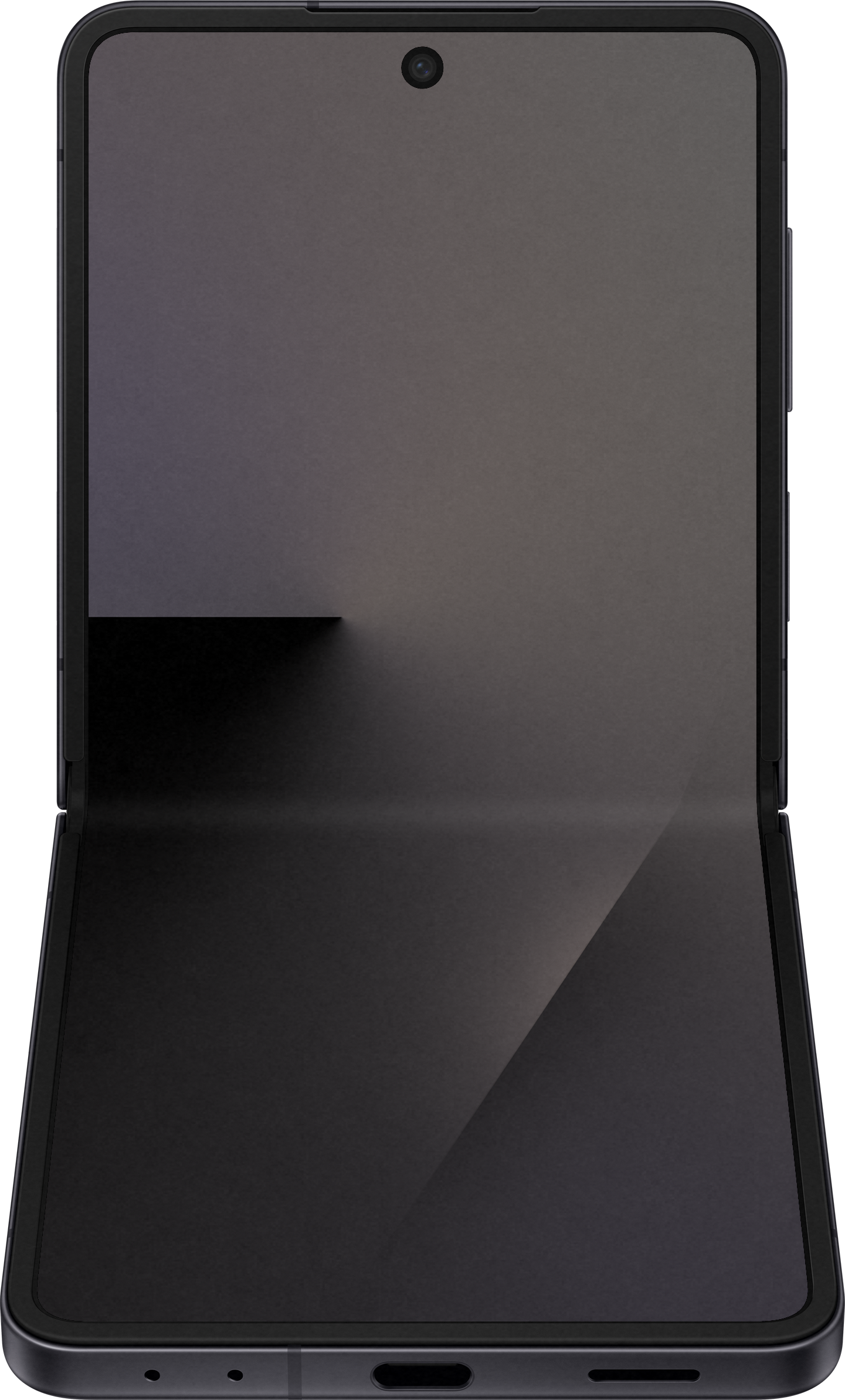Un smartphone pieghevole nero è aperto. Lo schermo è grigio scuro, con una fotocamera in alto al centro. Il telefono è su una superficie grigia.