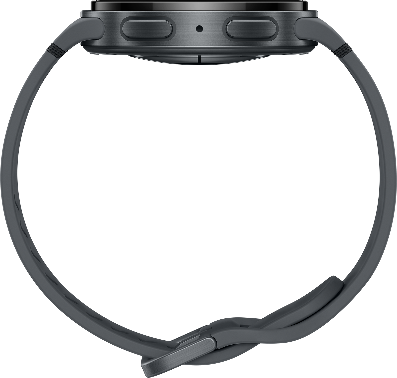 Une smartwatch grise avec un cadran circulaire et deux boutons. Le bracelet est relié par une boucle argentée. Le fond est gris.