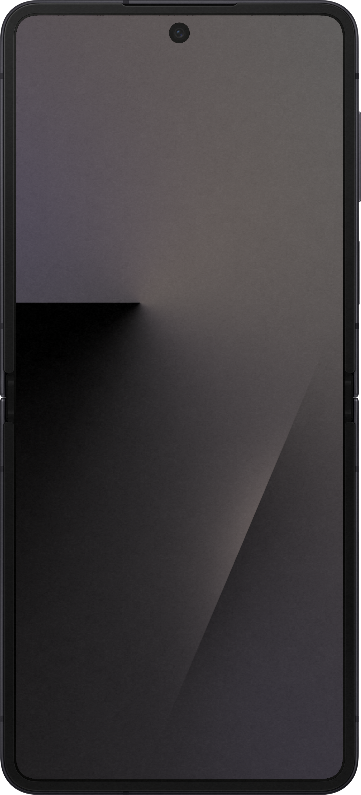 Uno smartphone nero piegato. Lo schermo mostra una sfumatura scura con un'ombra nera, una fotocamera frontale è visibile.