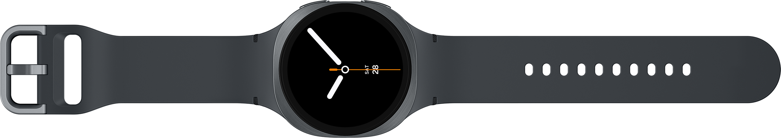 Une smartwatch noire avec un bracelet gris est affichée. Le cadran a des aiguilles blanches et une trotteuse orange.