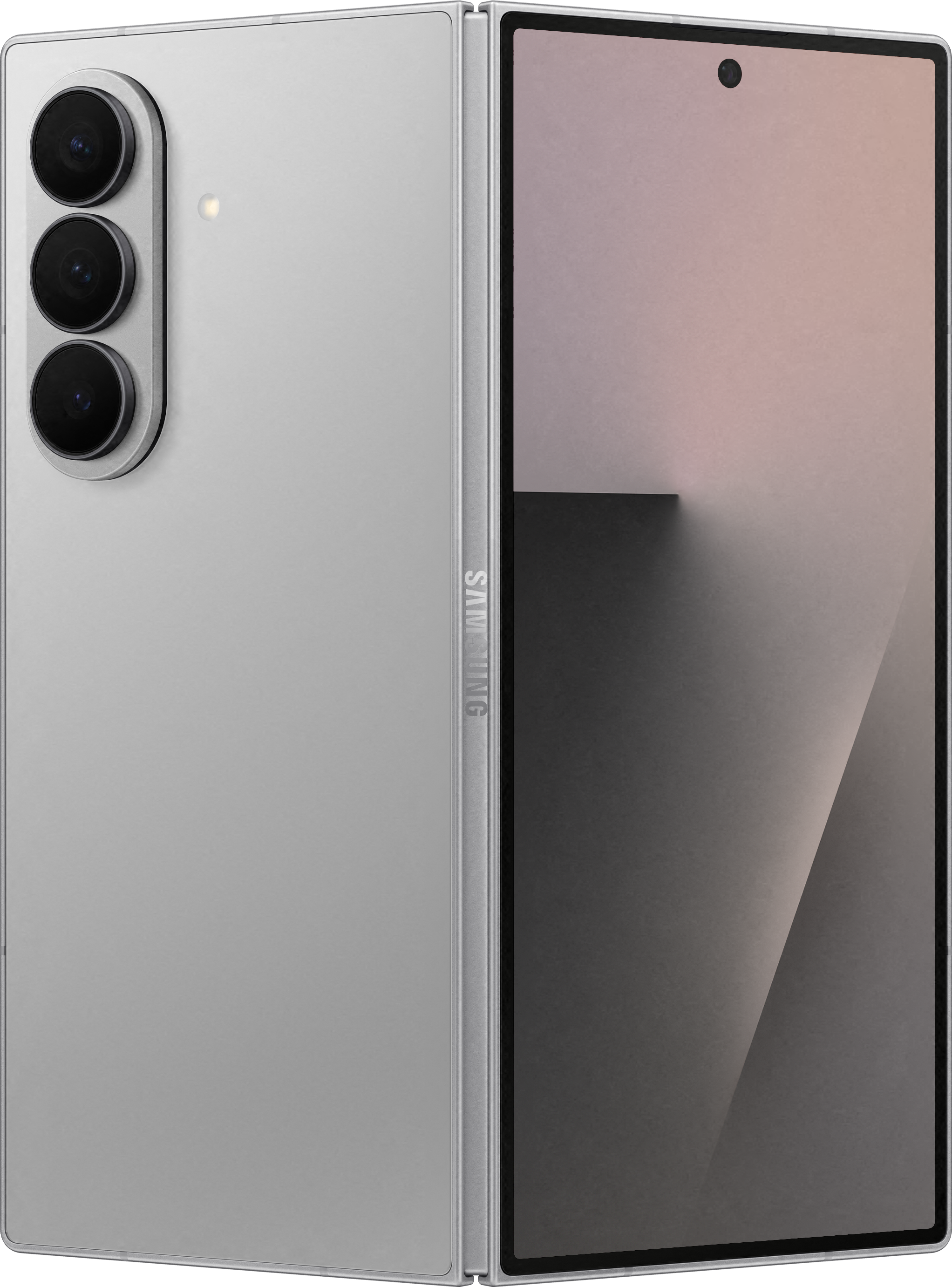 Silbernes faltbares Telefon, rechts geöffnet. Drei Kameras links. Der Bildschirm ist ein Farbverlauf.