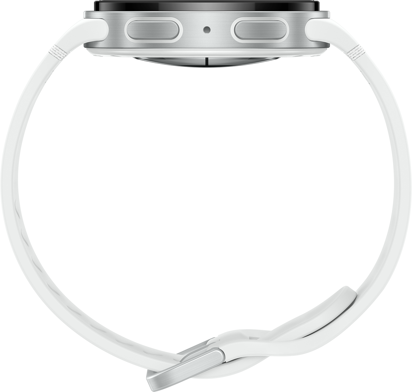 Une montre connectée blanche avec un bracelet blanc. Le cadran est argenté. Le bracelet est enroulé autour de la montre.