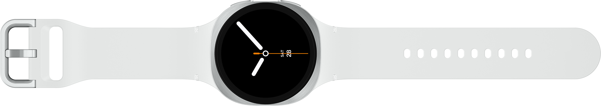 Une montre intelligente blanche avec un cadran noir. La montre a des bracelets blancs et un boîtier argenté.