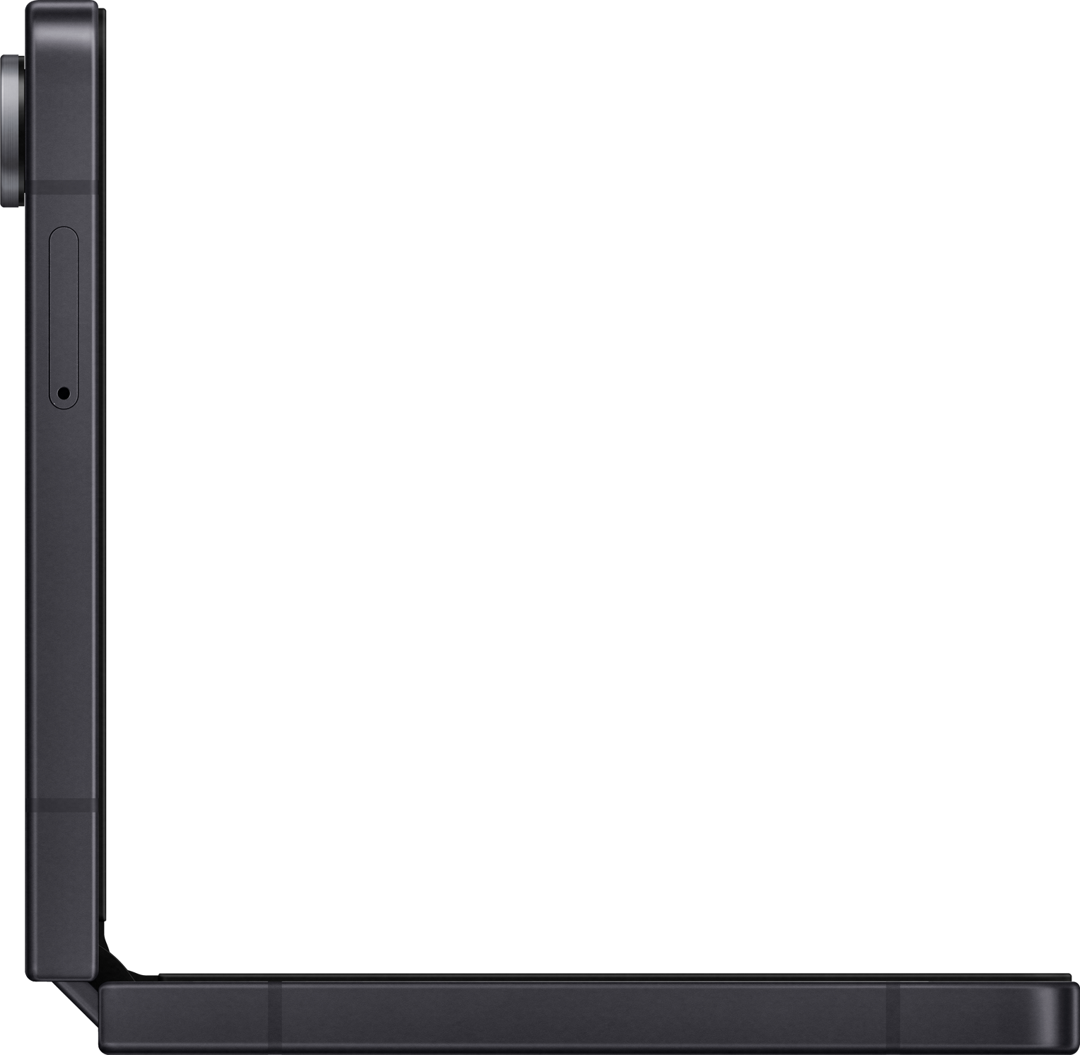 Profilo di uno smartphone grigio scuro. Il lato mostra fotocamera, pulsanti e slot SIM. Schermo nero visibile.