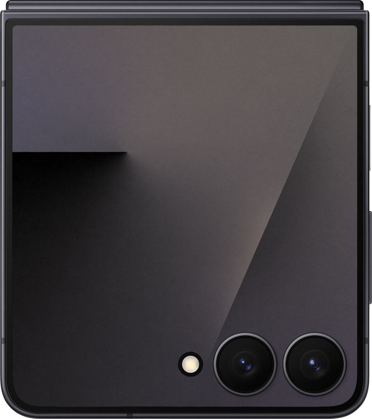 Primo piano di uno smartphone grigio scuro. Ha due obiettivi e un flash. Lo schermo è grigio con riflessi di luce.