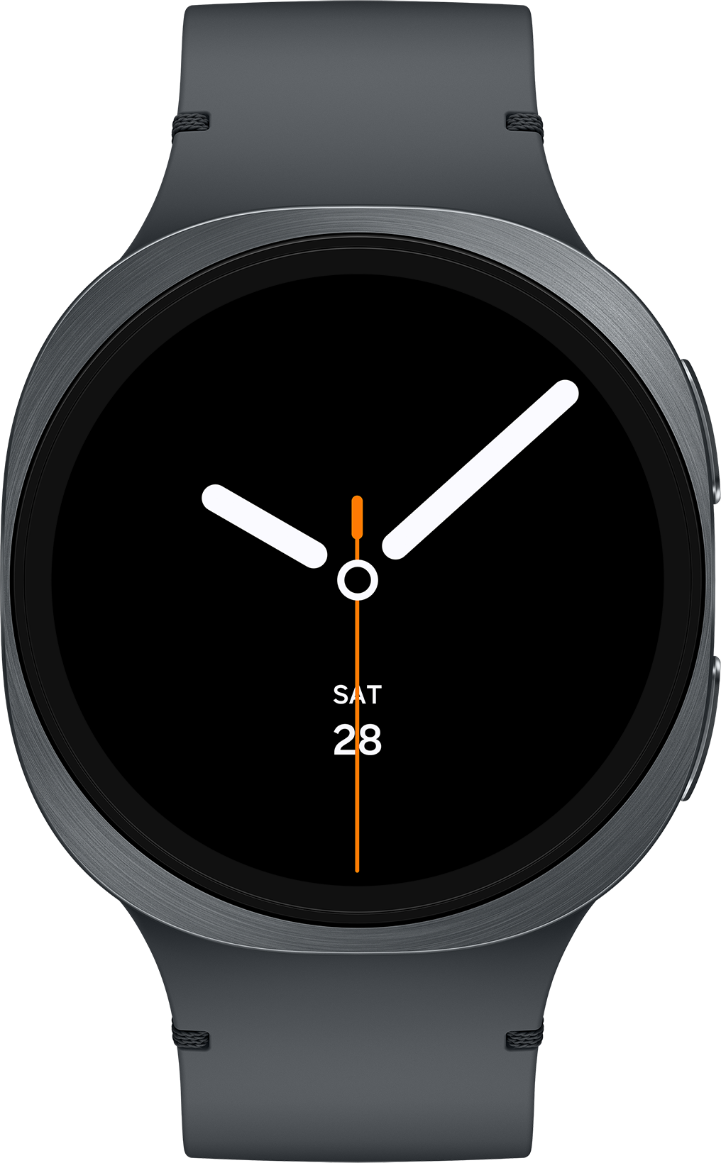 Une montre connectée avec un écran noir affichant des aiguilles blanches, une ligne orange et la date. Elle a un bracelet gris et une lunette métallique.