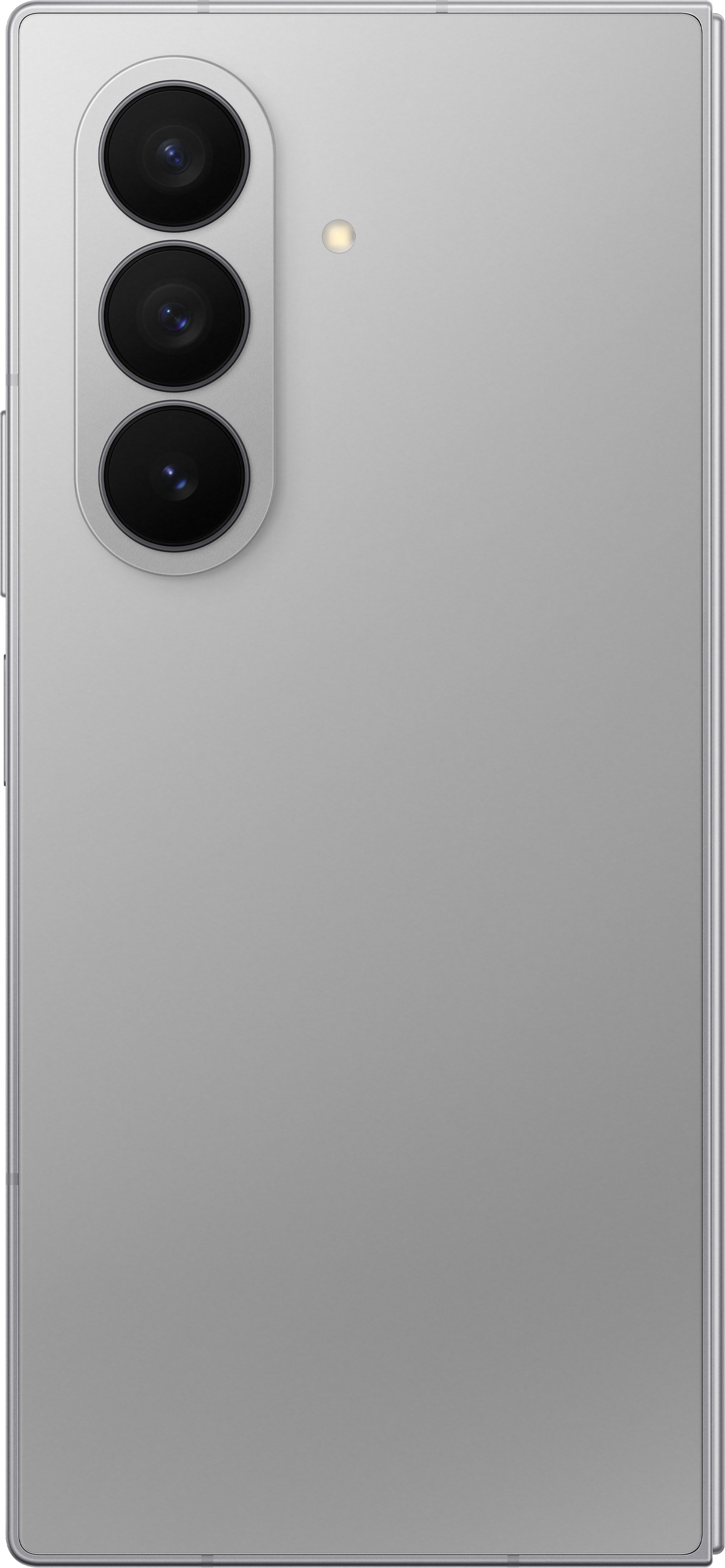 Rückseite eines silbernen Smartphones mit drei Kameralinsen und einem Blitz. Das Design ist minimalistisch und elegant.