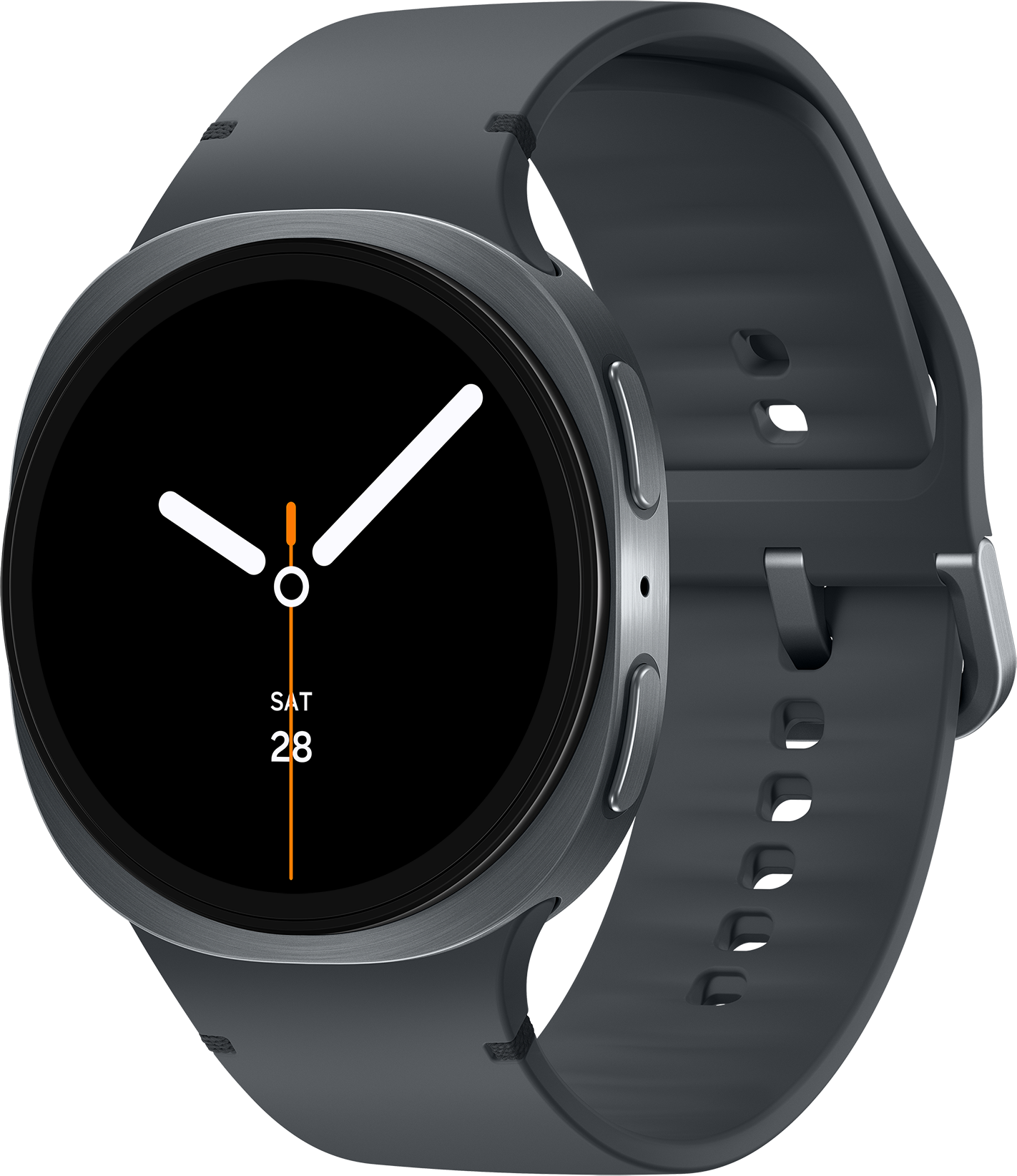 Une montre intelligente gris foncé avec un écran noir affichant l'heure et la date. La montre a un bracelet gris foncé.