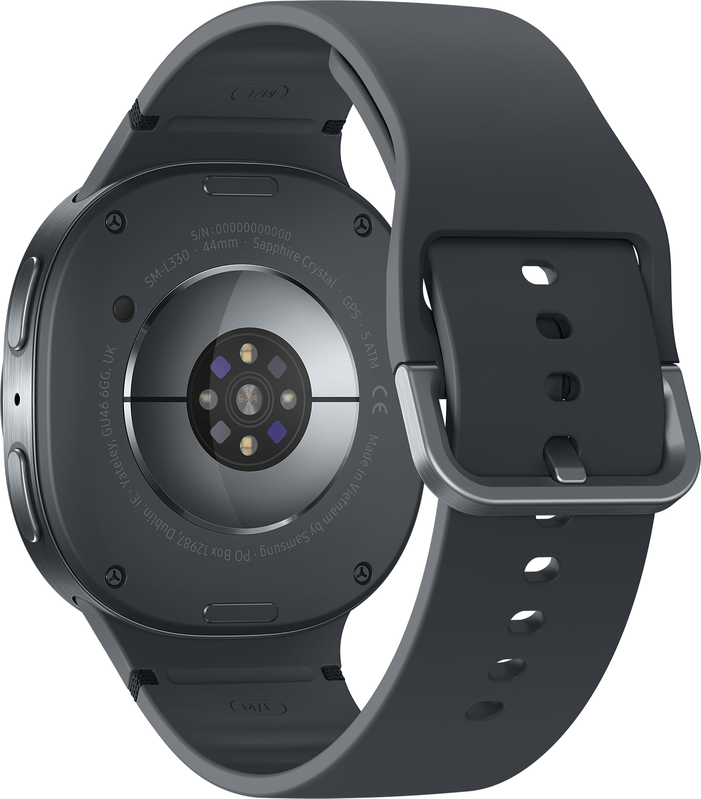 Vue arrière d'une montre intelligente gris foncé avec bracelet assorti. Détails: capteurs, texte et boucle métallique.