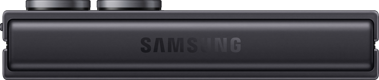 Dispositivo rettangolare grigio scuro con la scritta SAMSUNG al centro. Parte superiore con due elementi metallici circolari.