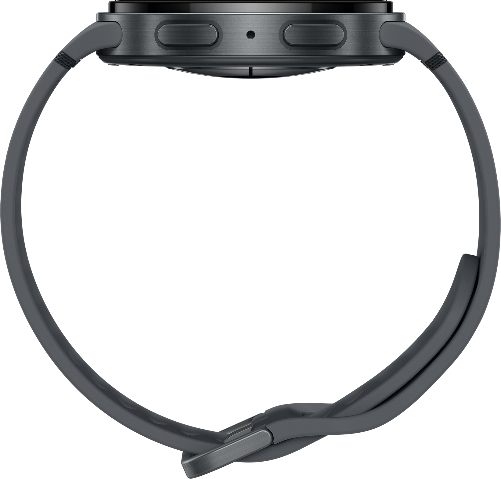 Gros plan d'une montre intelligente gris foncé avec un bracelet assorti. Deux boutons et un capteur sont visibles.