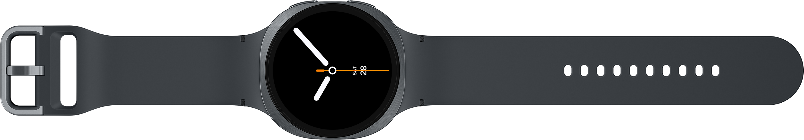 Une montre connectée gris foncé avec un cadran circulaire et un bracelet assorti. L'heure est 2:48. La montre est sur fond noir.