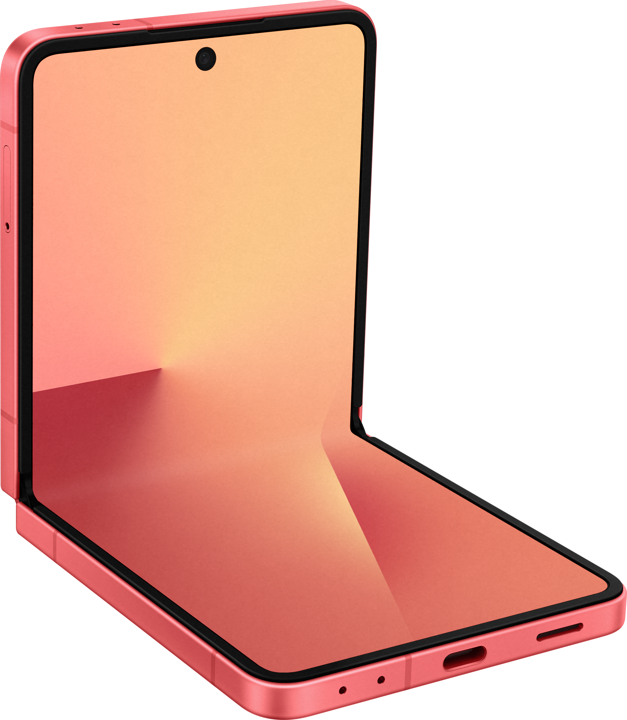 Telefono rosa pieghevole, parzialmente aperto. Bordo e fotocamera neri. Schermo e sfondo color pesca.