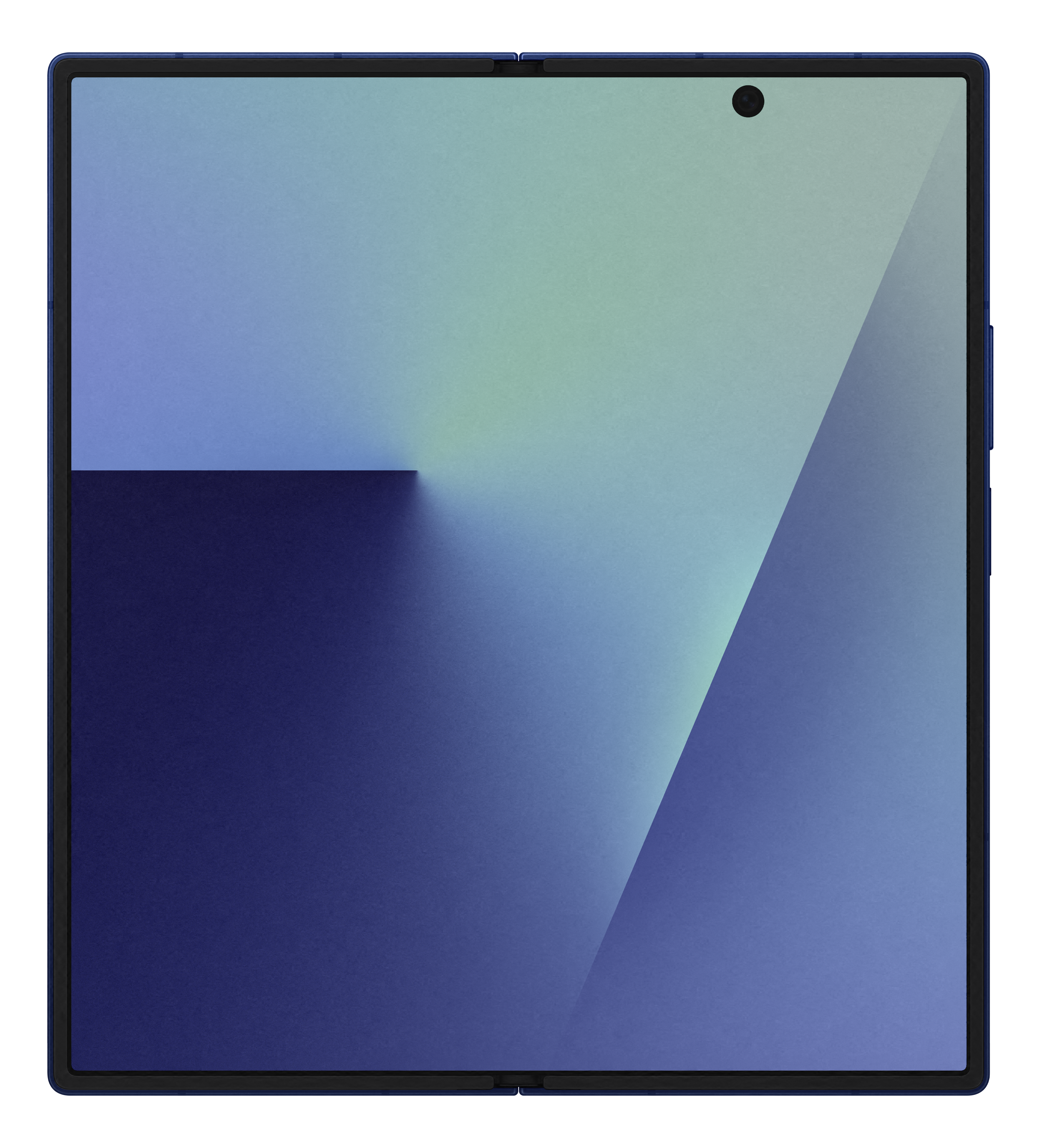 Écran de tablette avec dégradé bleu et vert sur fond noir. Une caméra en haut.