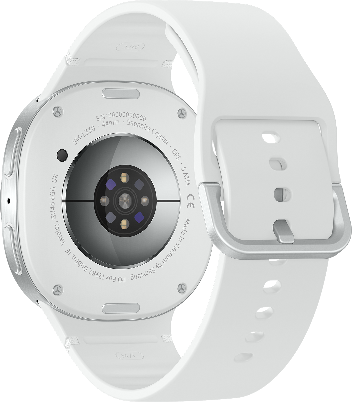 Weiße Smartwatch mit weißem Armband. Die Rückseite zeigt Sensoren und Text wie 'Made in Vietnam by Samsung'.