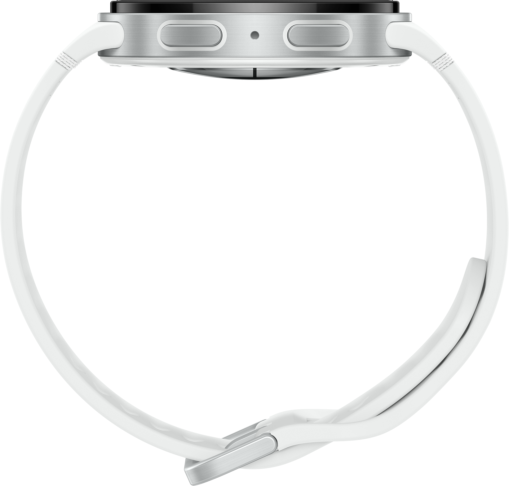 Eine silberne Smartwatch mit weißem Armband wird vor weißem Hintergrund gezeigt. Die Uhr hat zwei Knöpfe und einen kleinen runden Sensor.