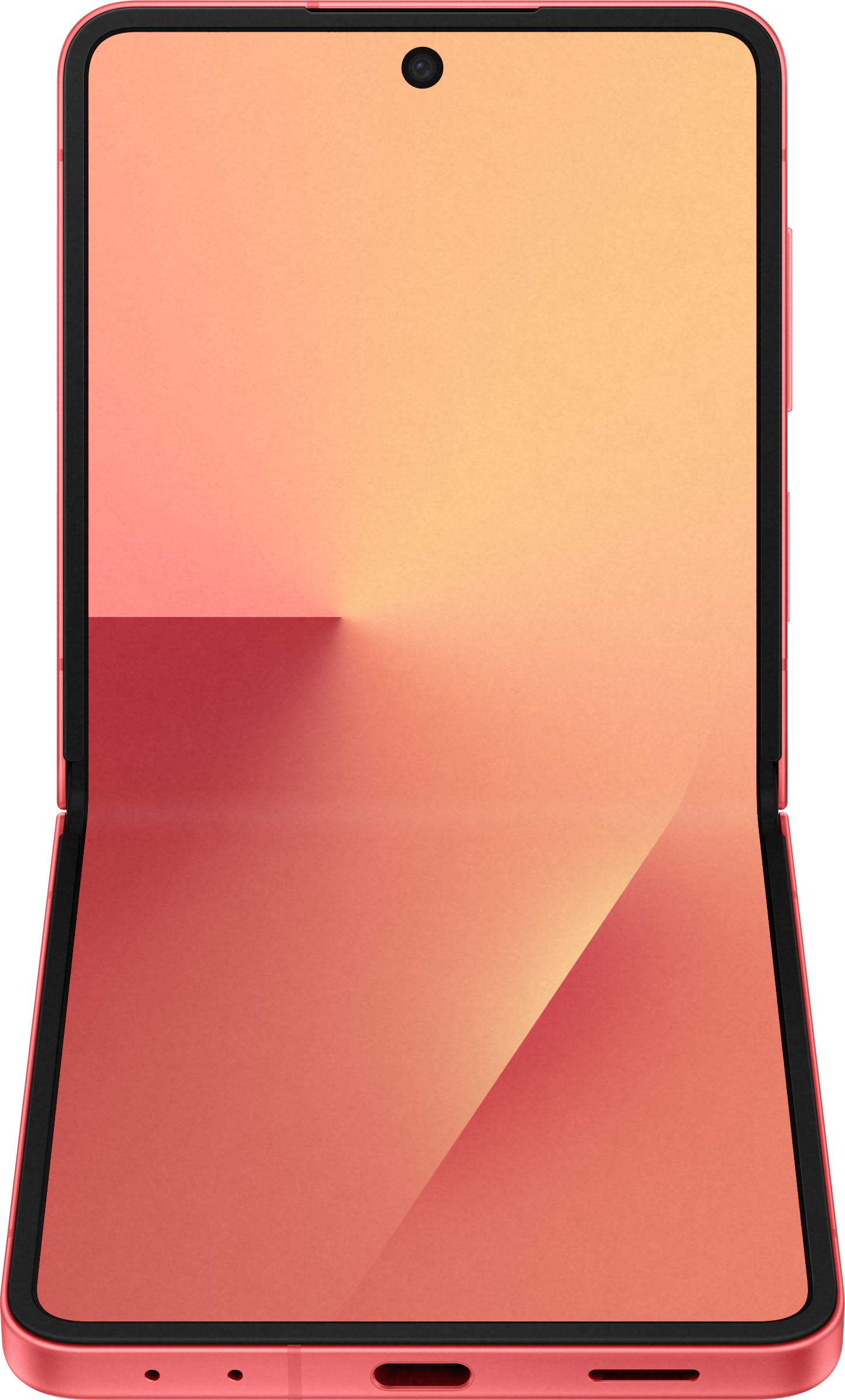 Un telefono pieghevole rosa è mostrato aperto. Lo schermo mostra una sfumatura di arancione e rosso.