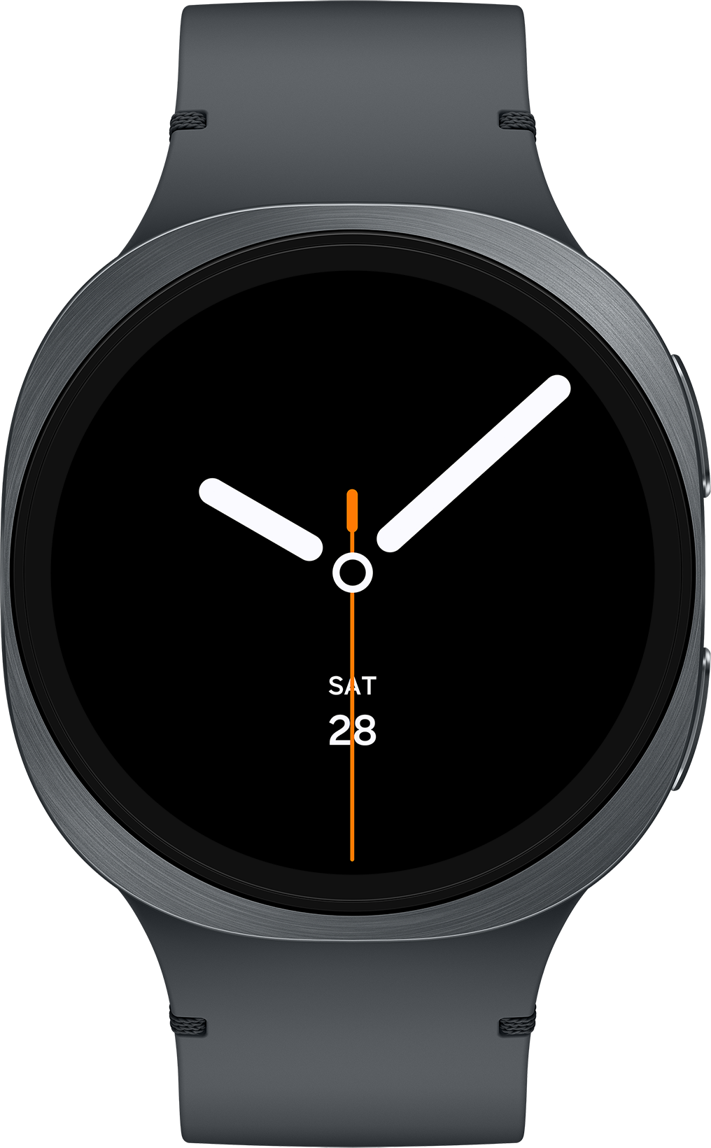 Une montre connectée avec un écran noir affichant la date et l'heure. La montre a un bracelet gris et une lunette gris métallique.