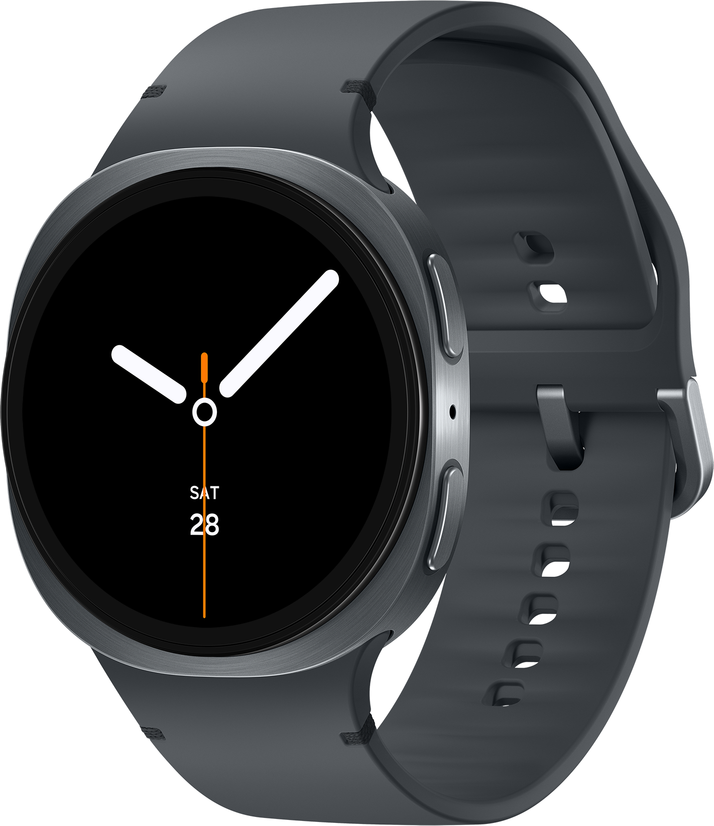 Une smartwatch gris foncé avec un cadran noir affichant des aiguilles blanches, une trotteuse orange et la date. Le bracelet est également gris foncé.